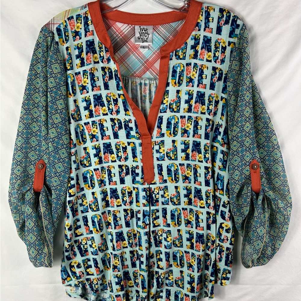 Ivy Jane Henley Boho “Love Peace” Blouse Size Large